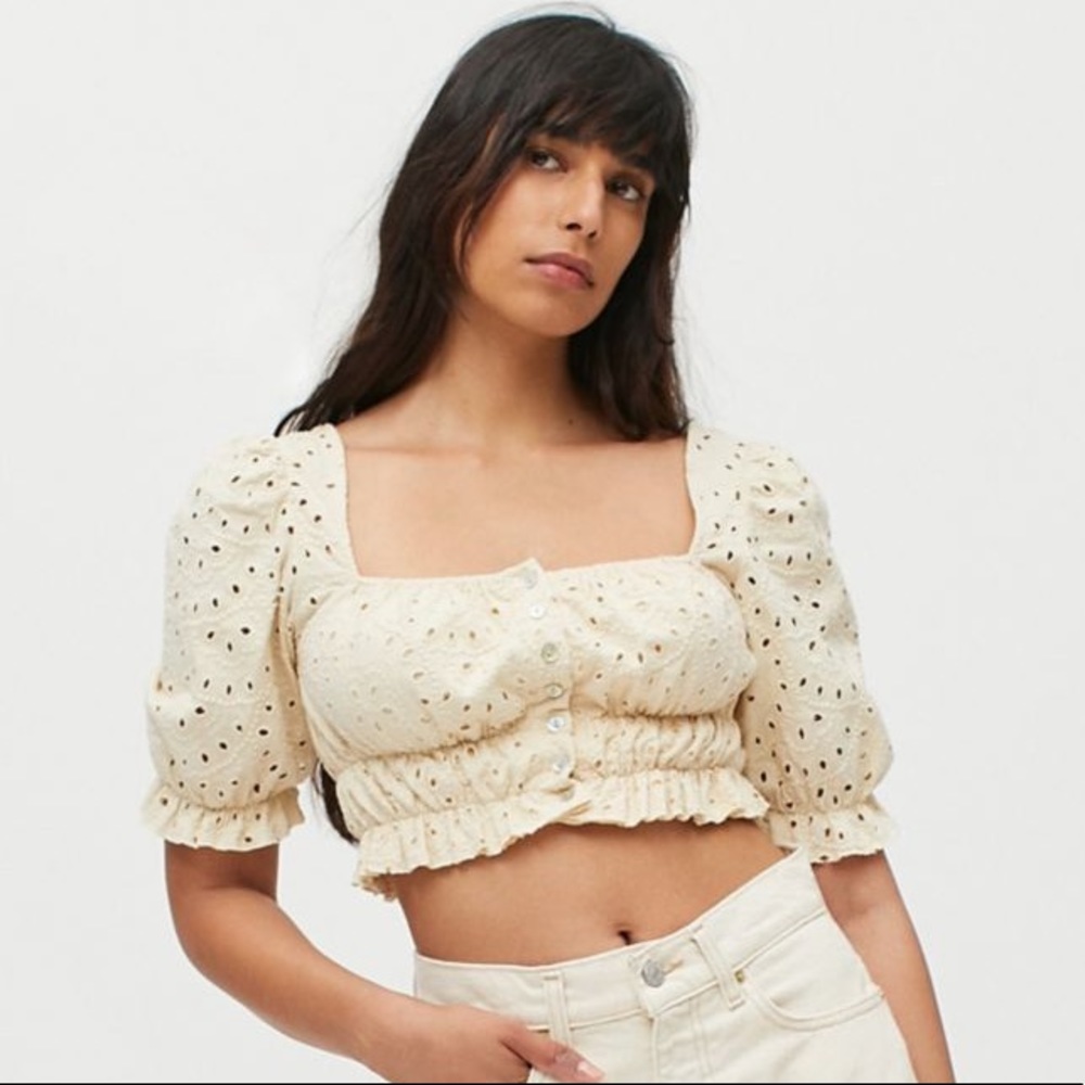 Cropped button up eyelet top size medium
